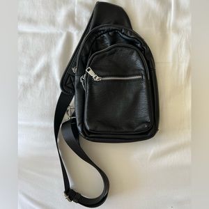Black faux leather shoulder sling bag